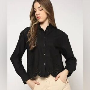 GAP Black Eyelet Hem Button Down Shirt Cropped Cotton Blouse | GAP Blouse Large